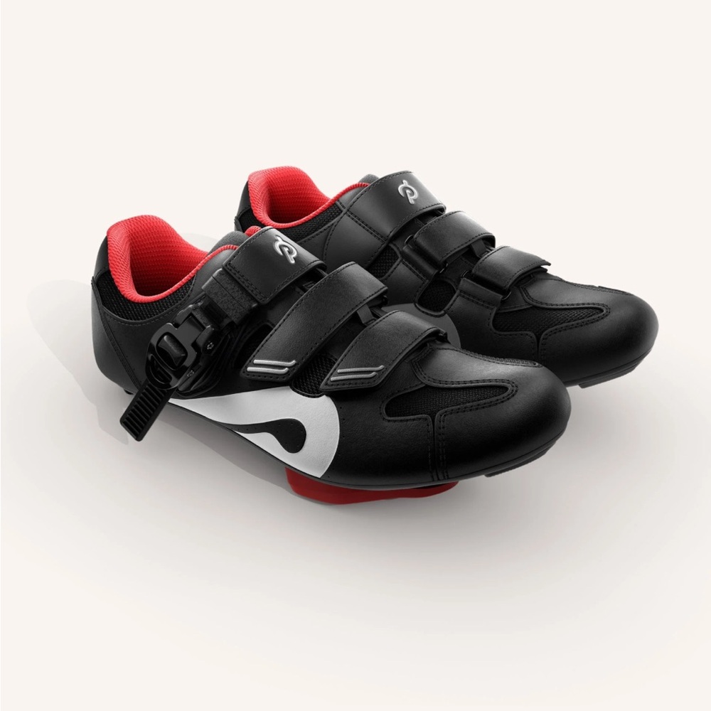 Peloton Black and White Cycling Shoes with Red Cleats